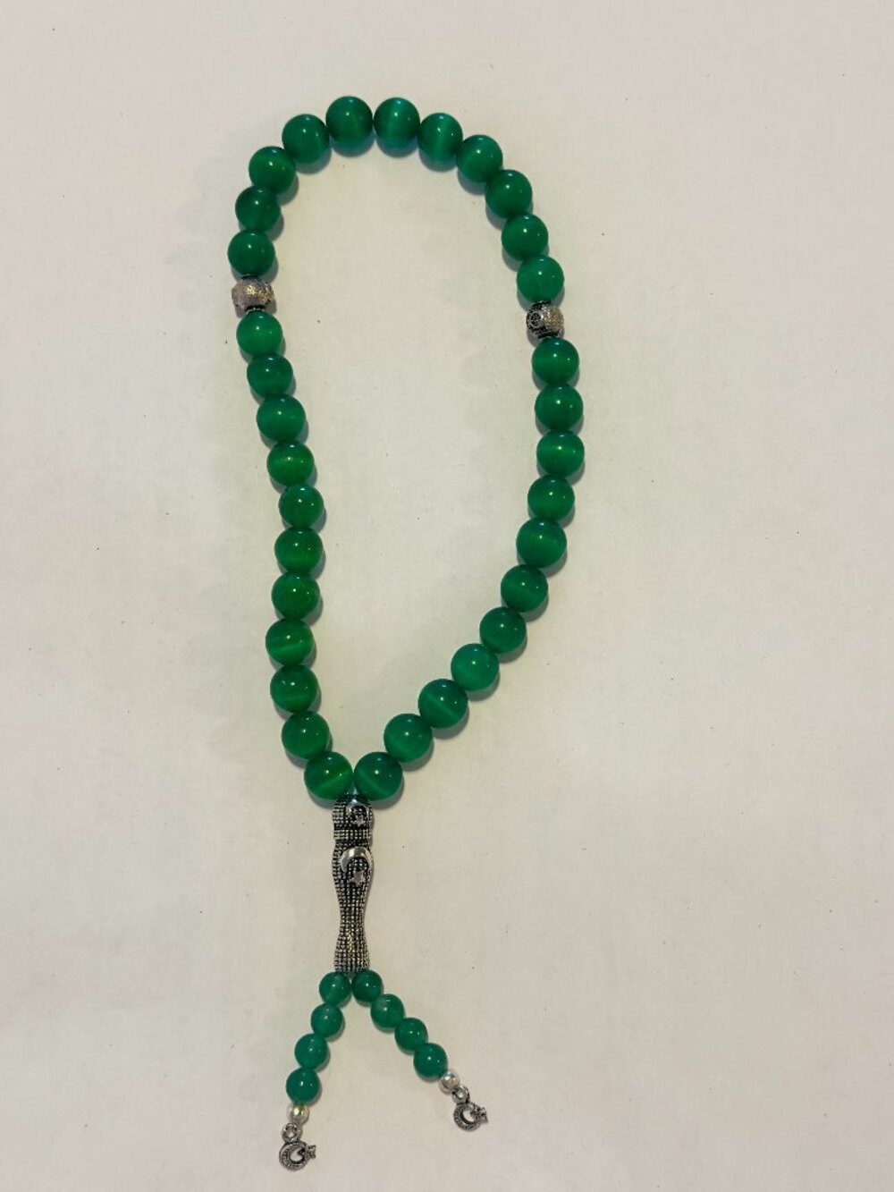 Custom Green Agate/Silver-Plated Crescent Moon and Star Tasbih